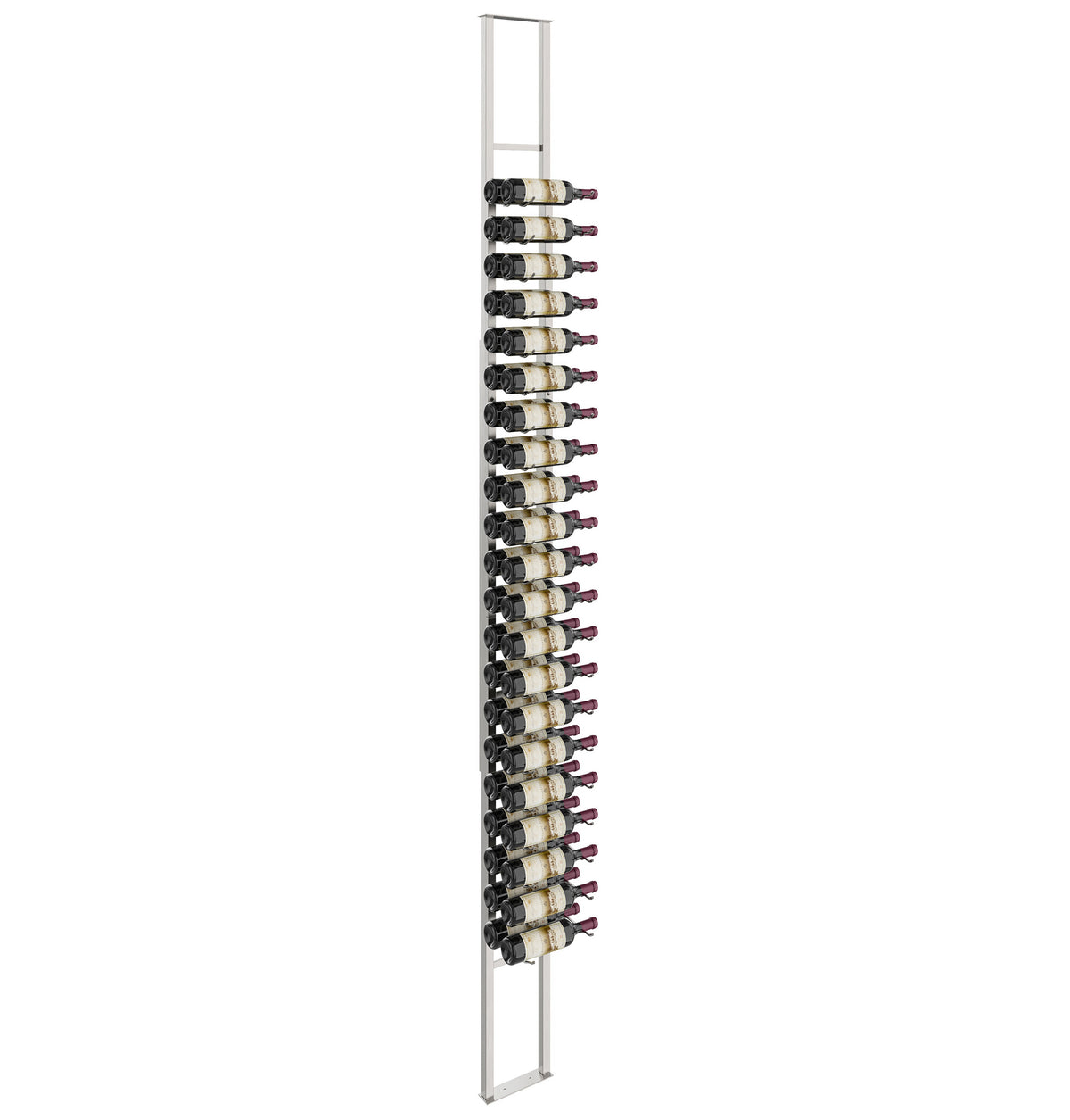 Wall-mounted floating wine rack kit with metal frame and bottle pegs