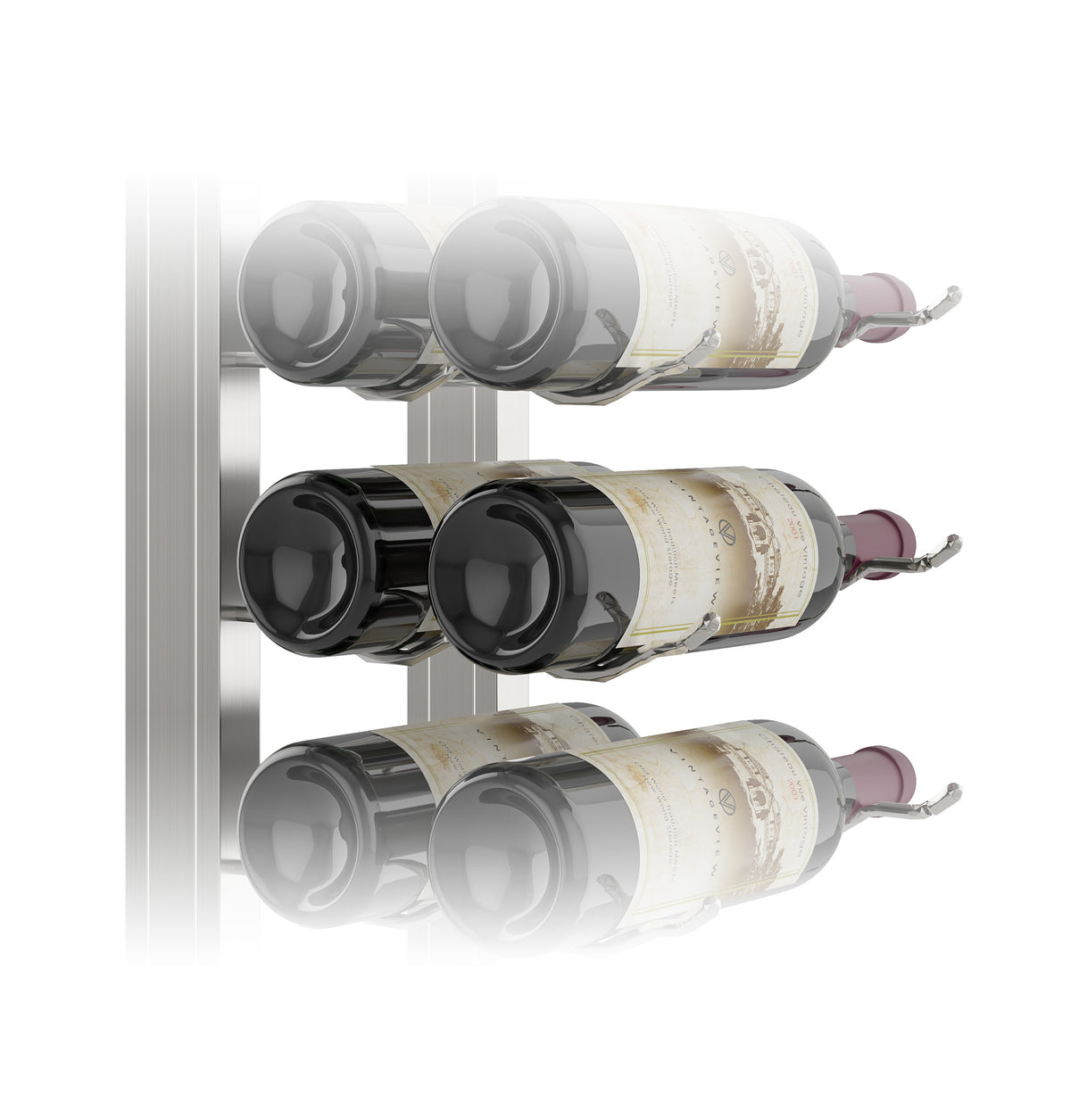 Single-sided floating wine rack kit displaying wine bottles in three stacked rows