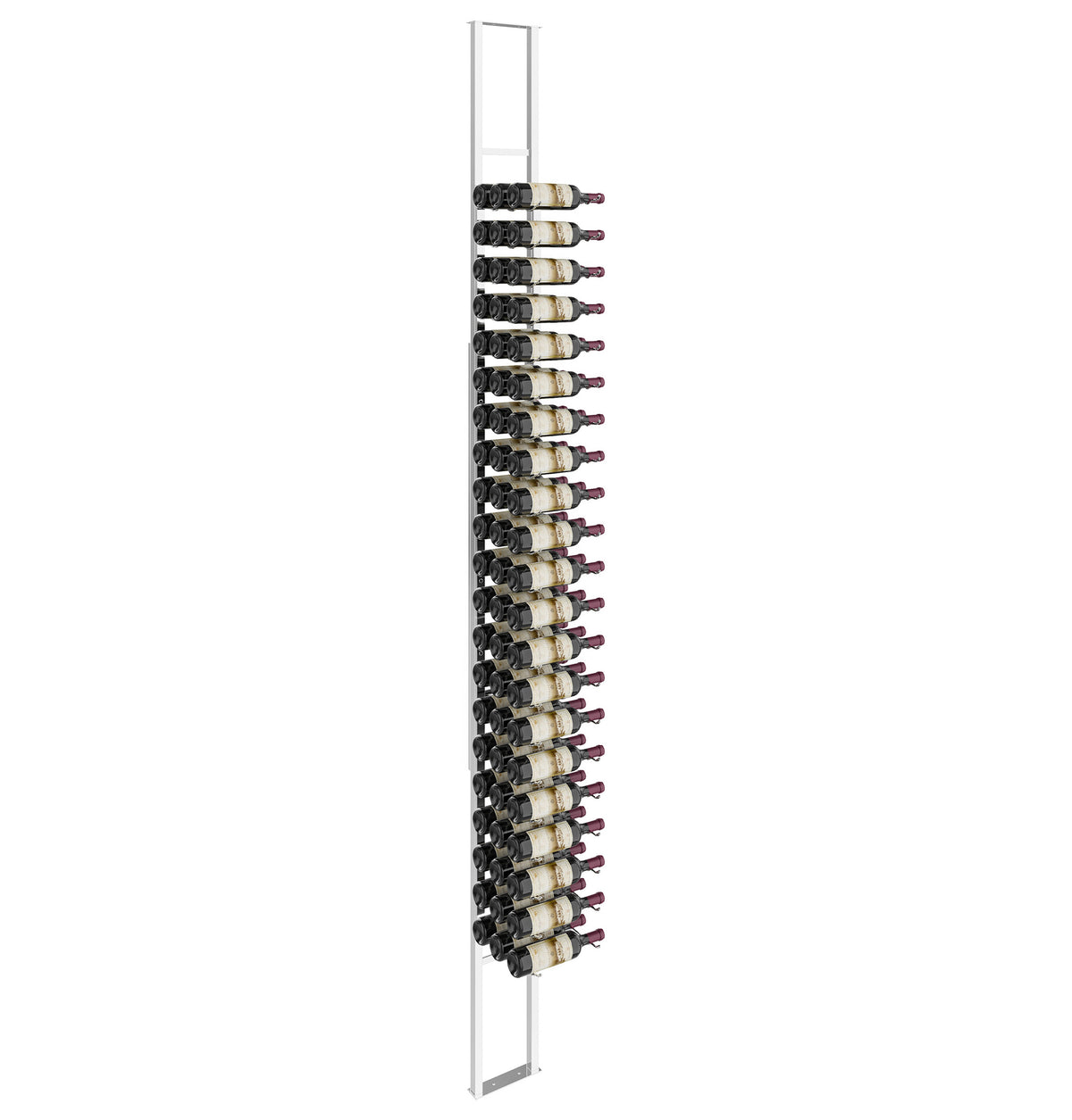 Wall-mounted single-sided wine rack kit with silver frame and bottle cradles
