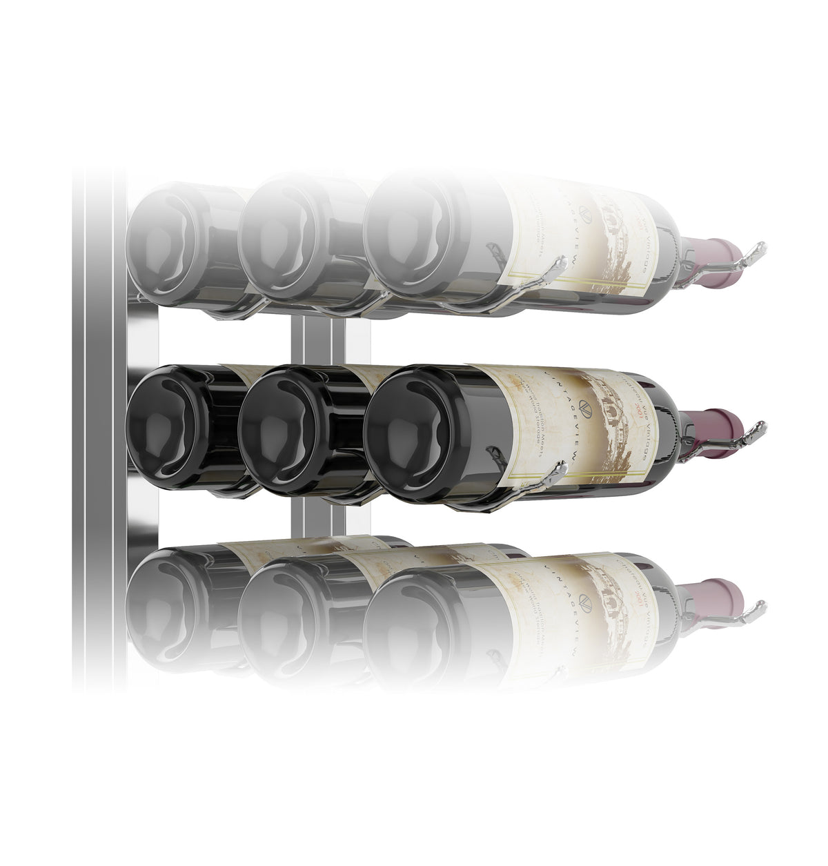 Wall-mounted floating wine rack kit with bottles in 3 rows, single-sided metal frame
