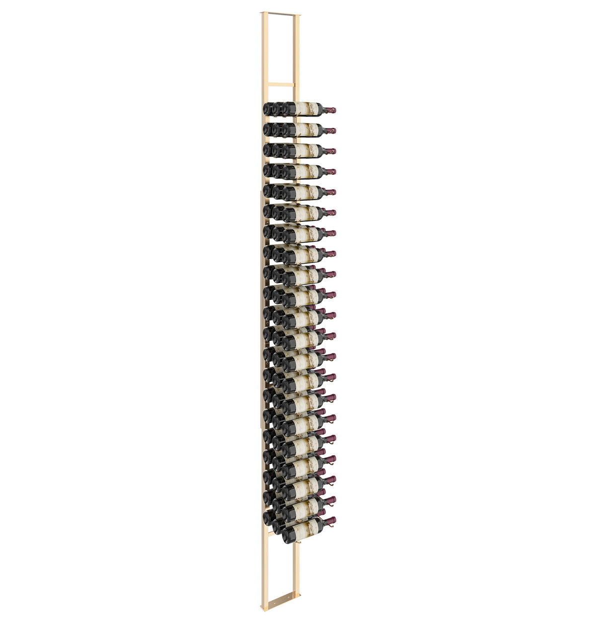 Wall-mounted single-sided wine rack kit with golden frame and bottle cradles