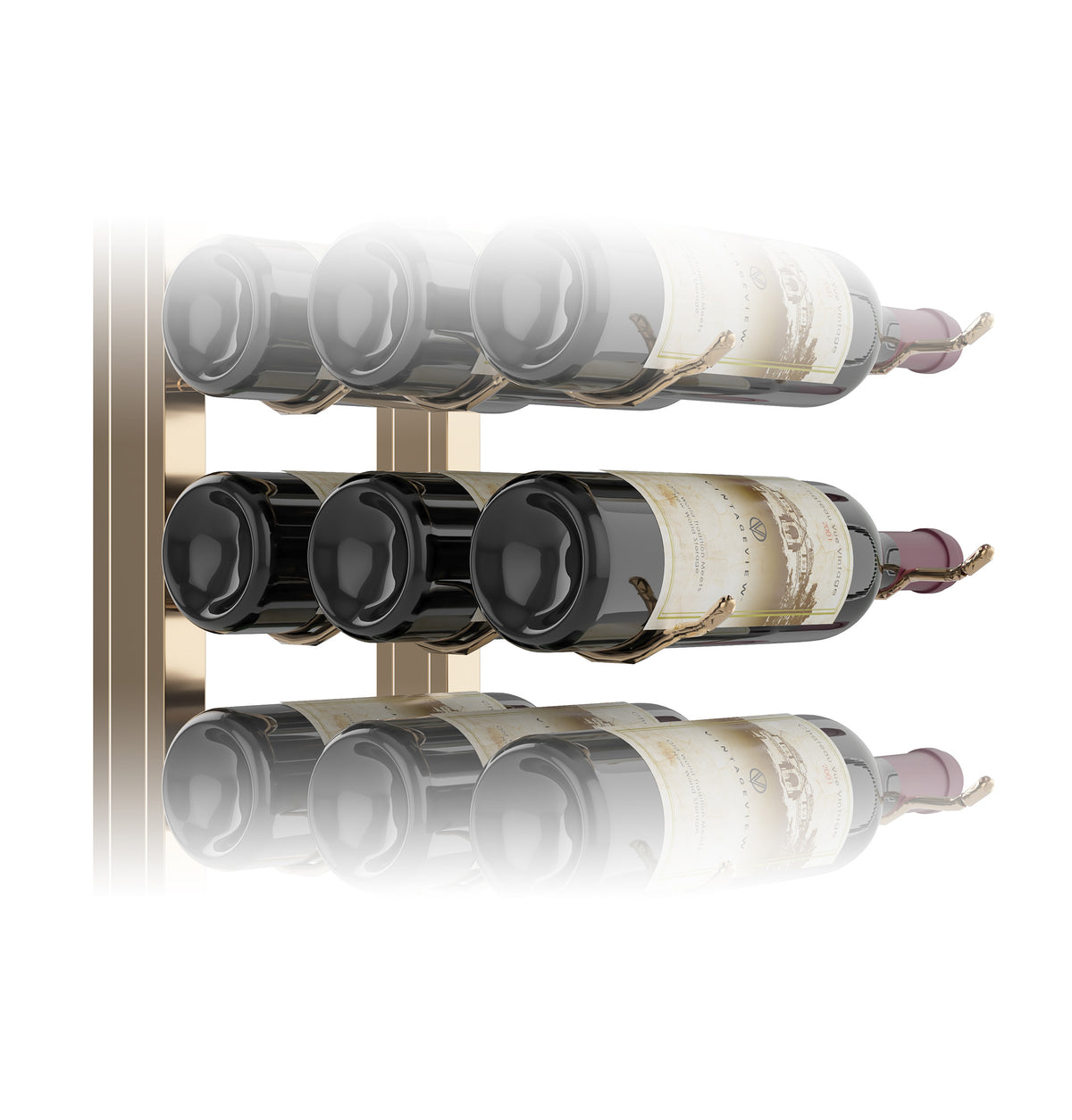 Wall-mounted wine rack kit with silver metal frame and dark holders, single-sided