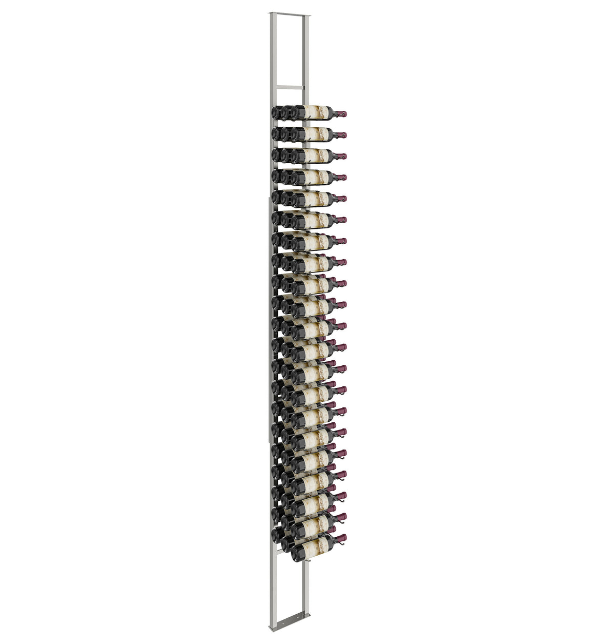 Wall-mounted single-sided wine rack kit with silver frame and bottle cradles
