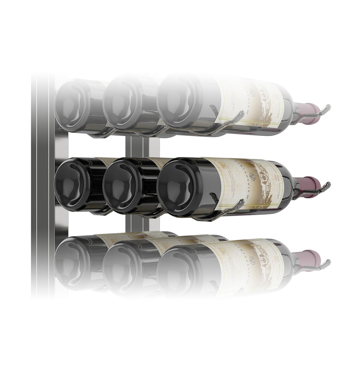 Wall-mounted wine rack kit with dark metal holders, single-sided, for wine bottles