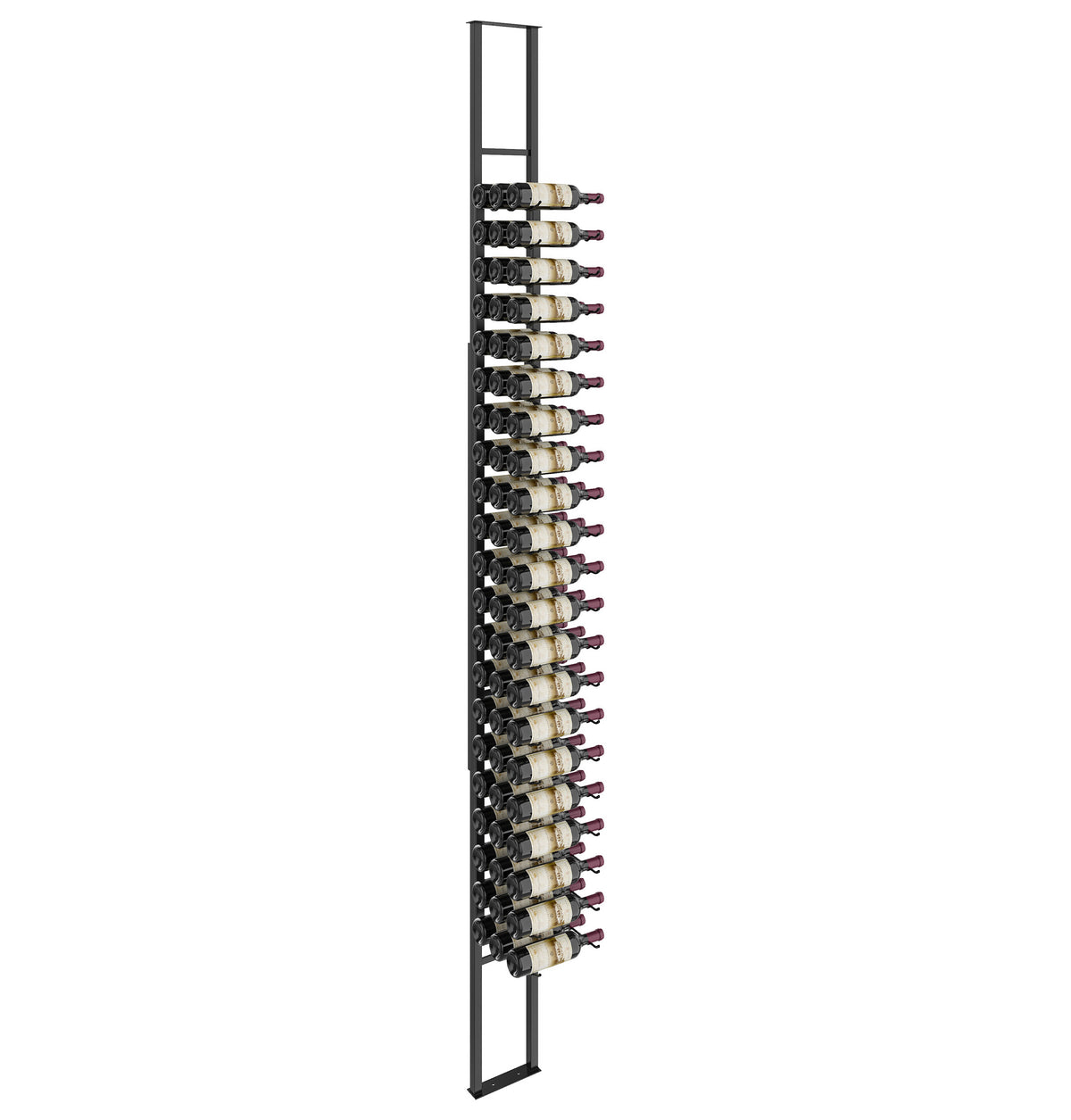 Wall-mounted single-sided wine rack kit with black metal frame and bottle cradles