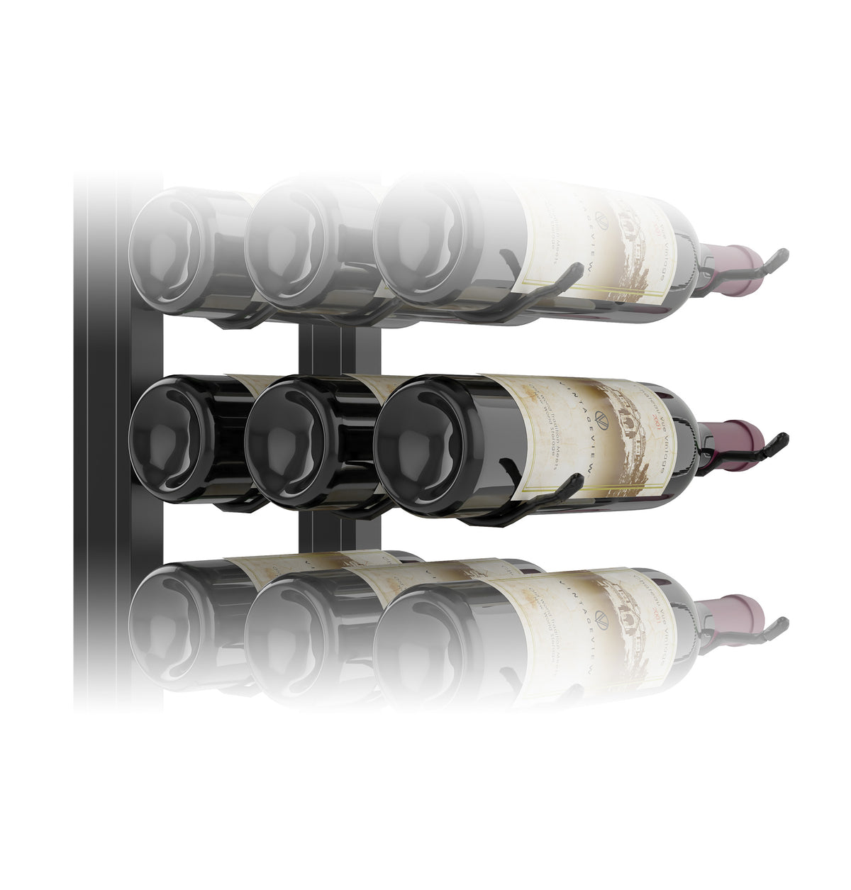 Wall-mounted wine rack kit with dark metal frame and holders, single-sided, bottles shown