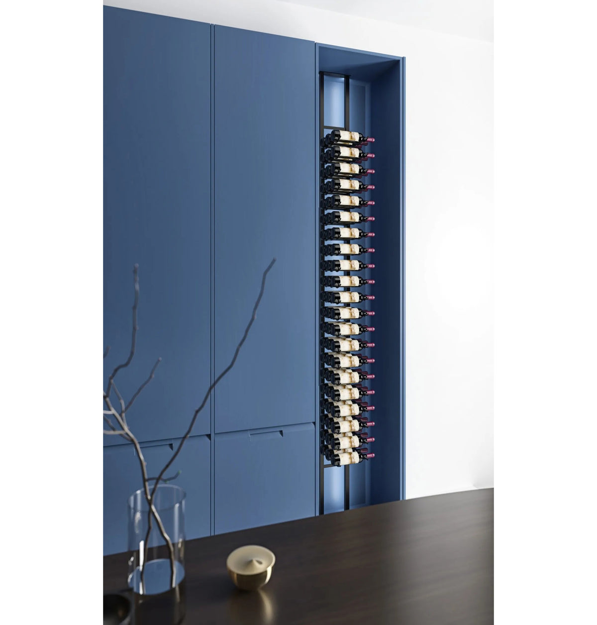Black single-sided floating wine rack with bottle holders, wall-mounted