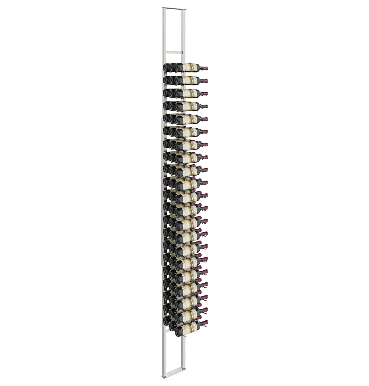 Wall-mounted single-sided wine rack kit with silver frame and bottle cradles