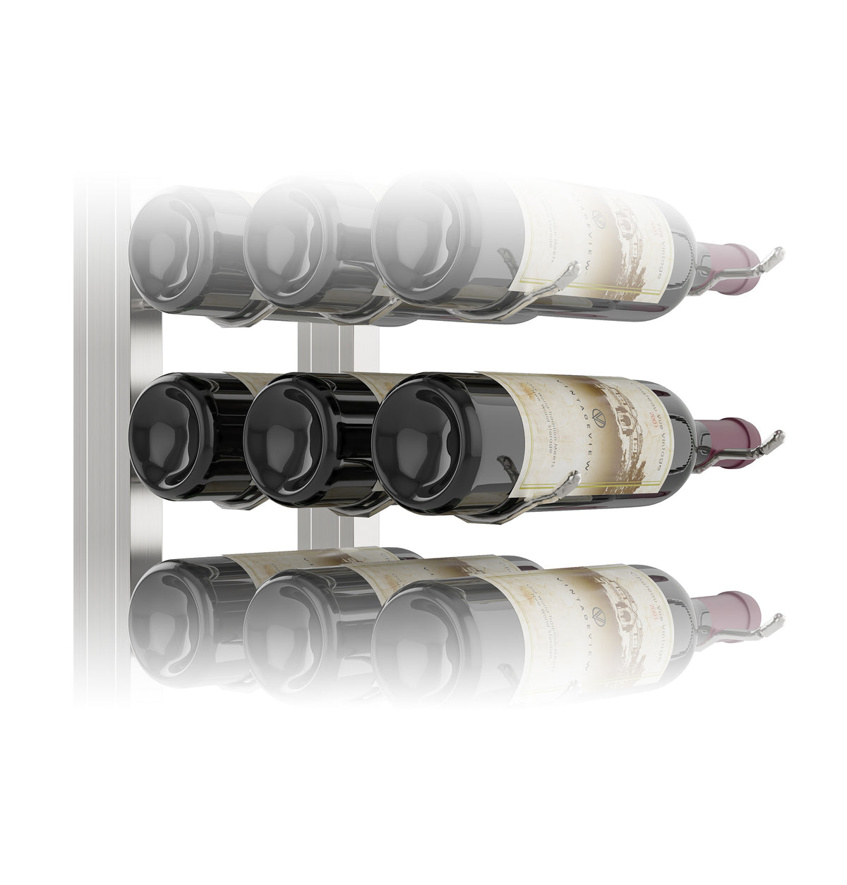 Wall-mounted wine rack kit with silver metal frame and dark bottle holders, single-sided