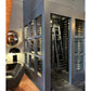 White-framed single-sided floating wine rack display with bottle holders