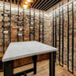 Single-sided floating wine rack display with bottle holders on vertical black rails