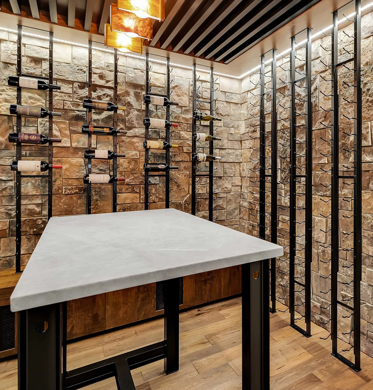 Single-sided floating wine rack display with bottle holders on vertical black rails