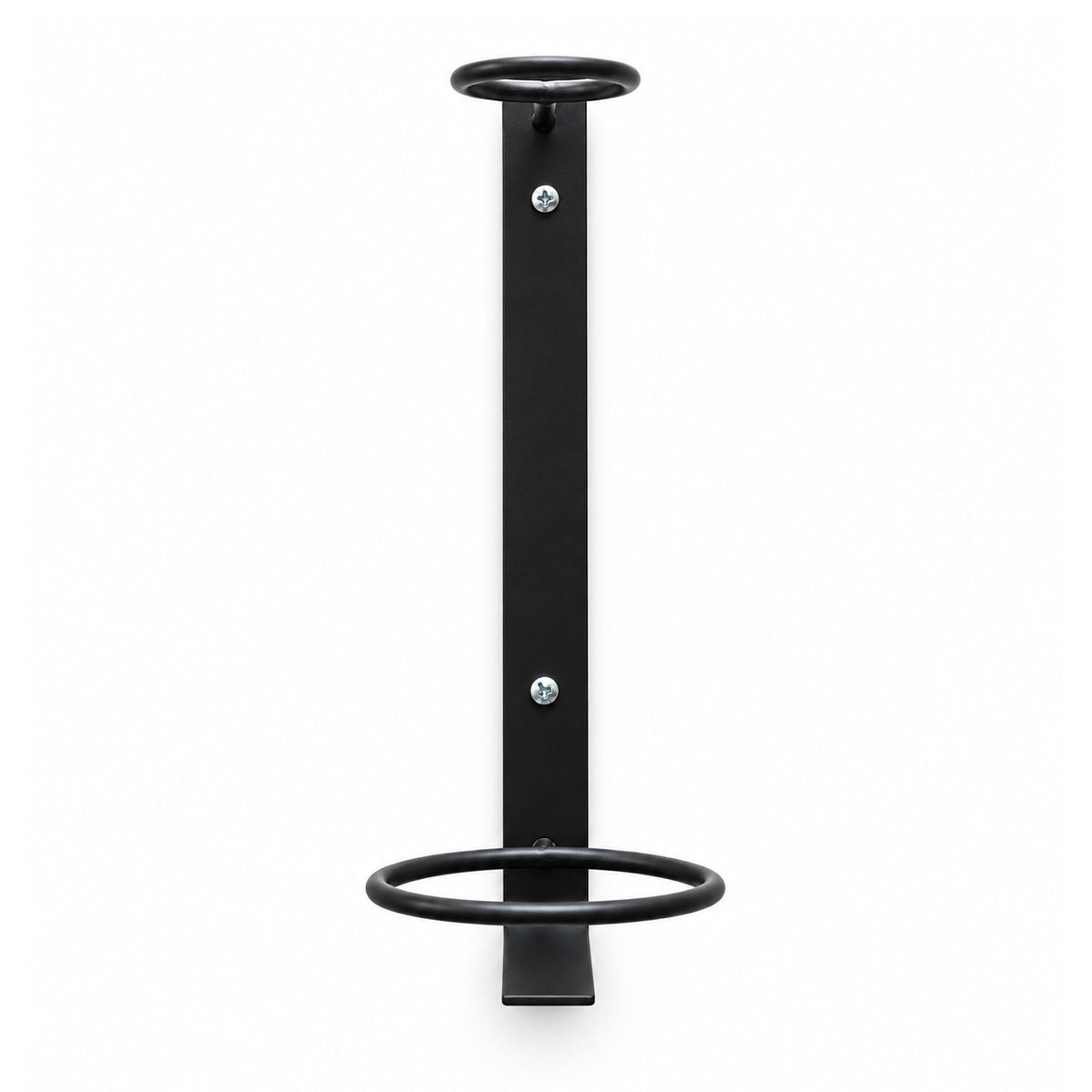 Black wall bottle perch with two circular rings and mounting screws, no bottle