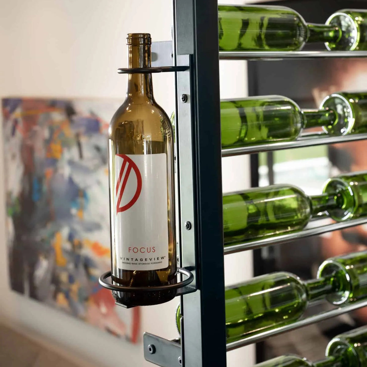 Single wine bottle in black wall mount with ring perch and metal backplate