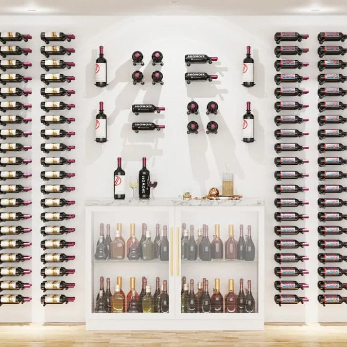 Wine bottle wall display with many perches holding bottles in a grid arrangement
