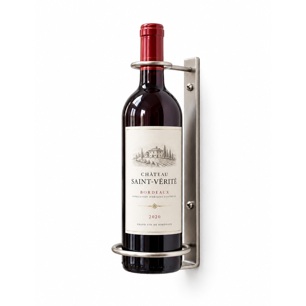 Wall-mounted wine bottle perch, silver metal backplate with two circular bottle rings