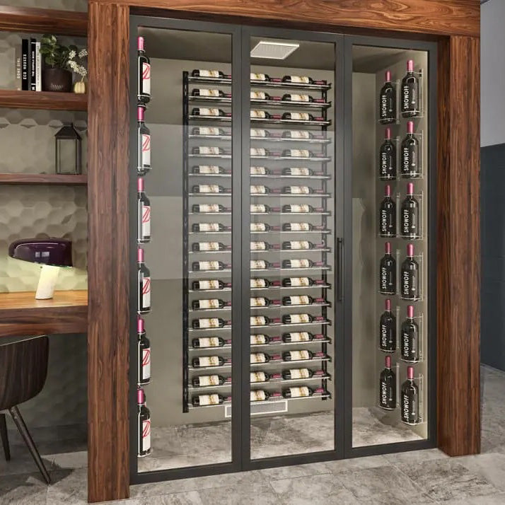 Wine bottle display cabinet with many wall-mounted bottle perches and bottle labels