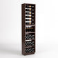 Tall wine storage cabinet with bottle rails, cubby shelves, and drawer-style bottle bins