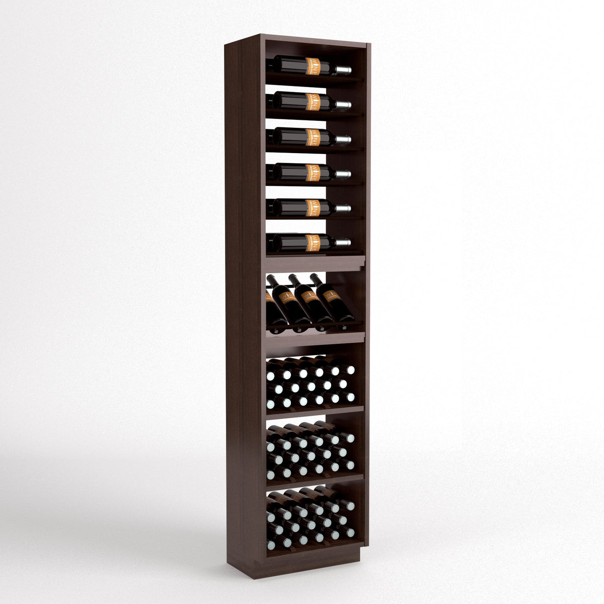 Tall wine storage cabinet with bottle rails, cubby shelves, and drawer-style bottle bins