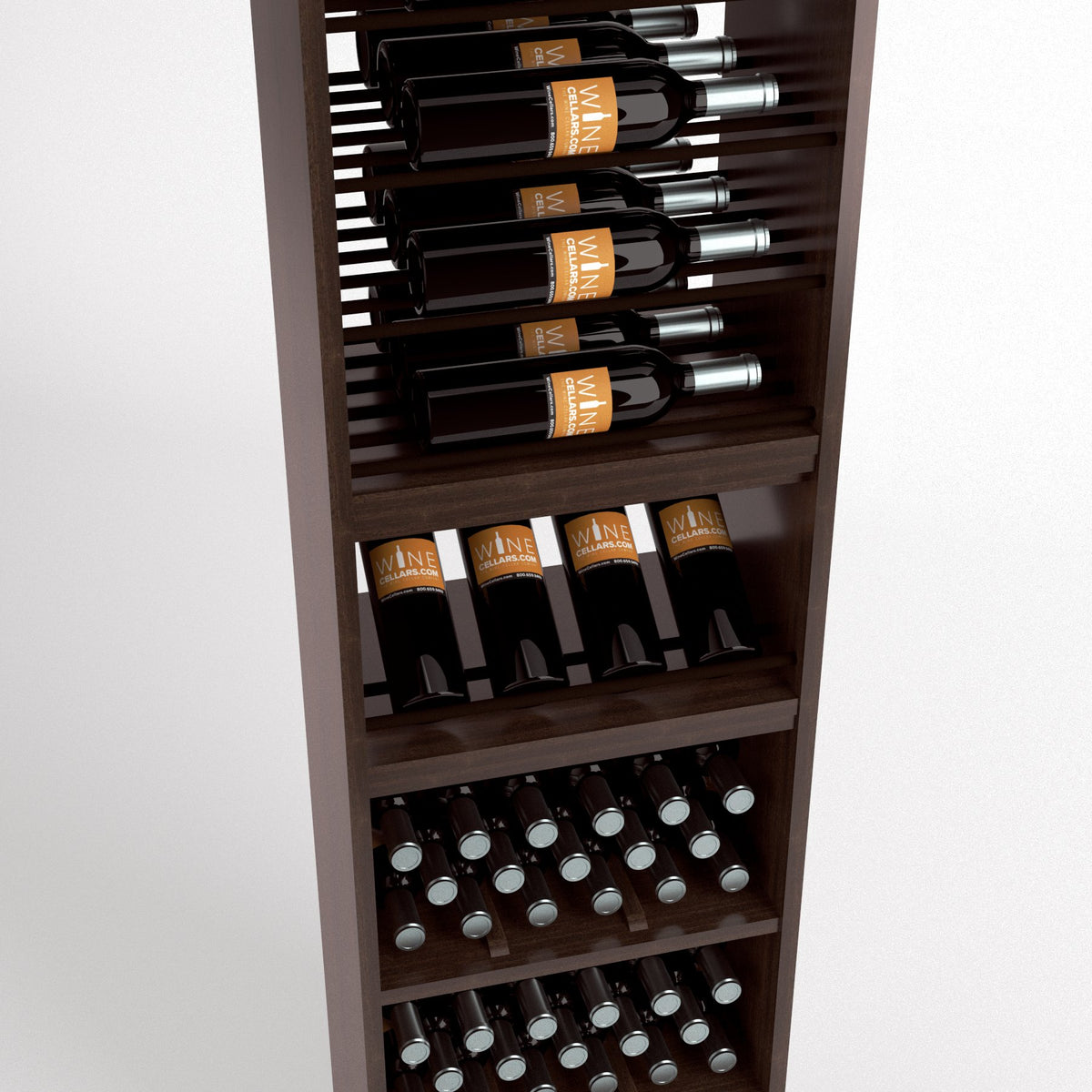 Front view of tall wine cabinet with bottle holder rails, wine cubbies, and glass bottle bins
