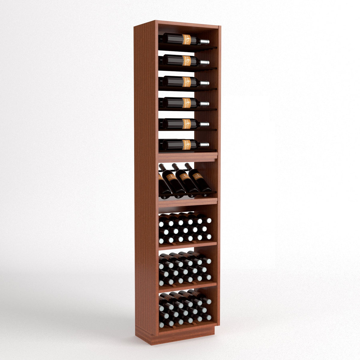 Tall wine storage unit with dark wood frame, bottle rails, and stacked wine storage bins
