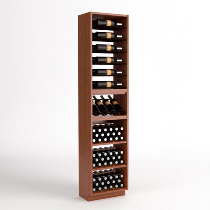 Tall wine storage unit with dark wood frame, bottle rails, and stacked wine storage bins