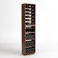 Wine rack cabinet with dark wood finish, bottle rails, wine cubbies, and front bottle holders