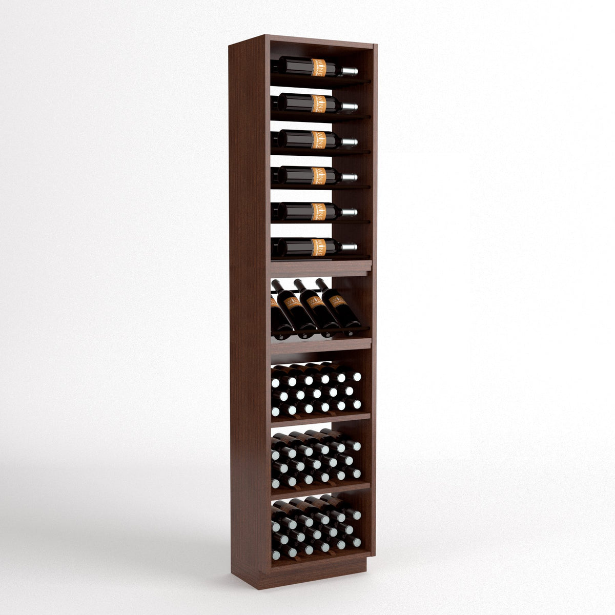 Wine rack cabinet with dark wood finish, bottle rails, wine cubbies, and front bottle holders
