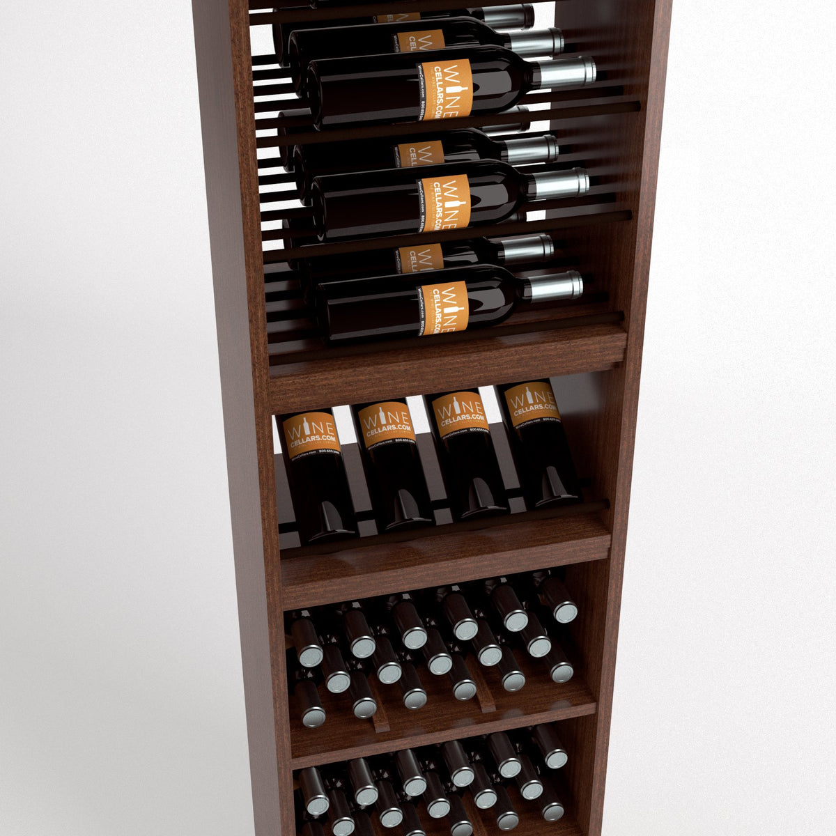 Front view of tall wine storage cabinet with bottle rails and multiple rows of bottle bins