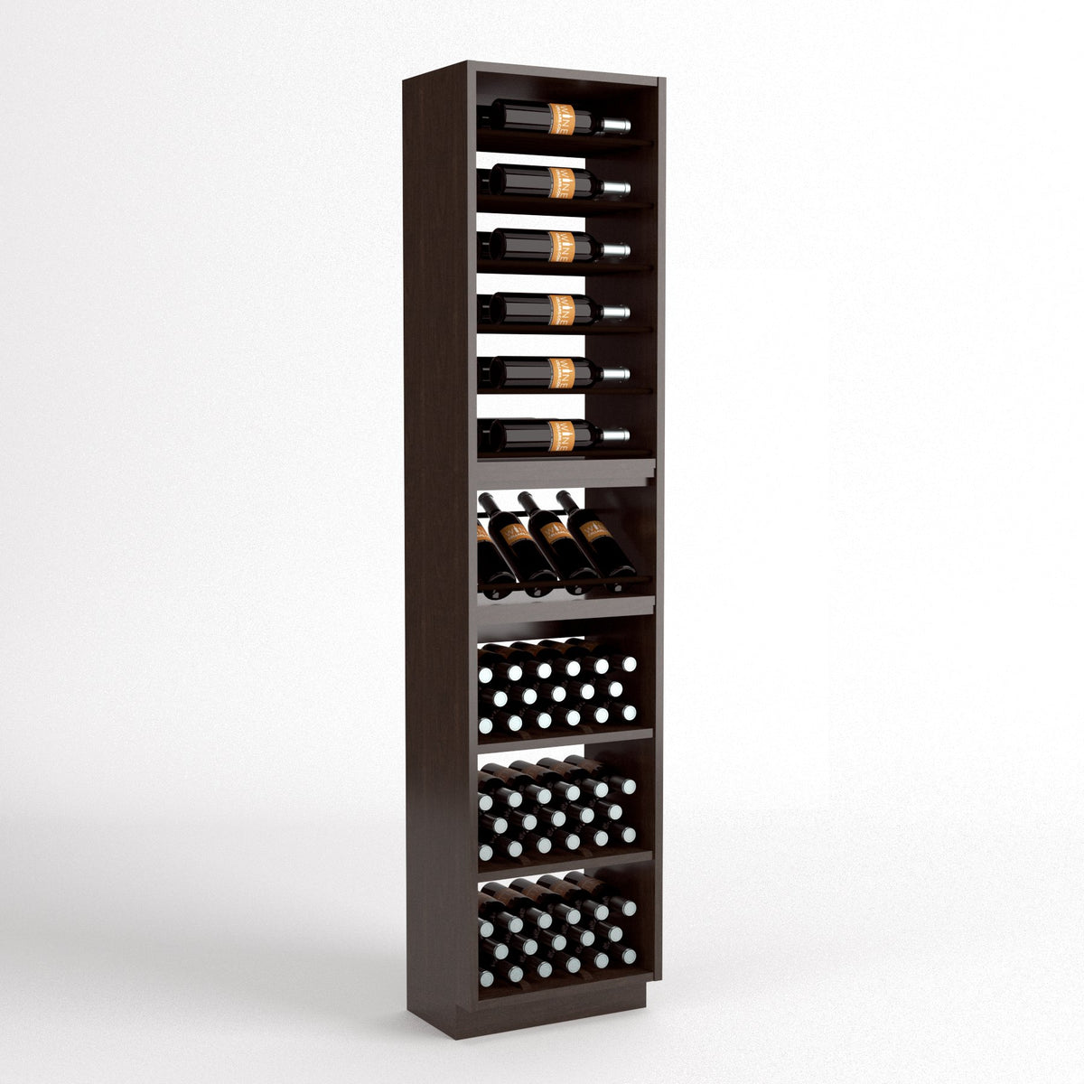 Vertical wine cabinet with wood frame, bottle rails, and open cubby sections for bottles
