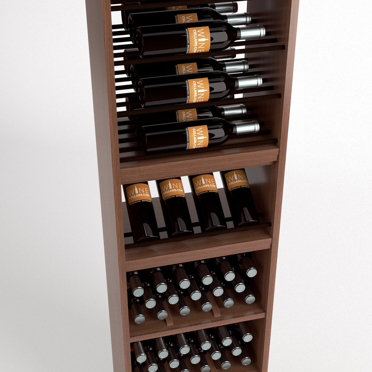 Wine storage cabinet front with bottle rails, cubby shelves, and two rows of bottle bins