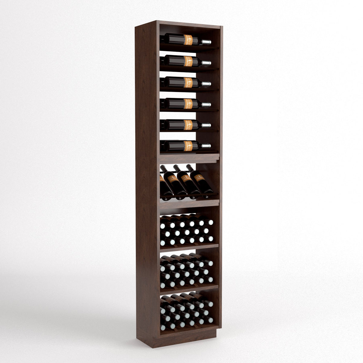 Wine bottle storage cabinet with 4-column rails, dark wood, bottle racks and holders