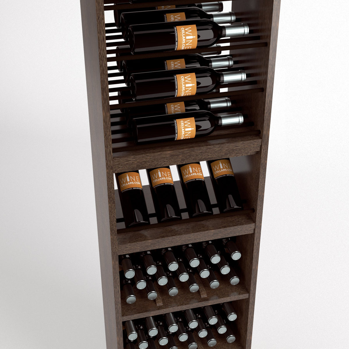 Wood wine display cabinet with bottle rails, middle bottle rack, and lower cubby holders