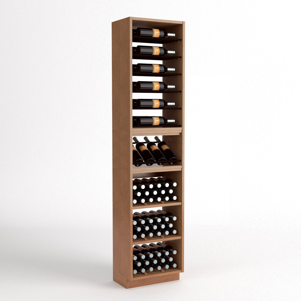 Tall wine bottle storage cabinet with 4-column bottle rails, wood body, and wine cubbies