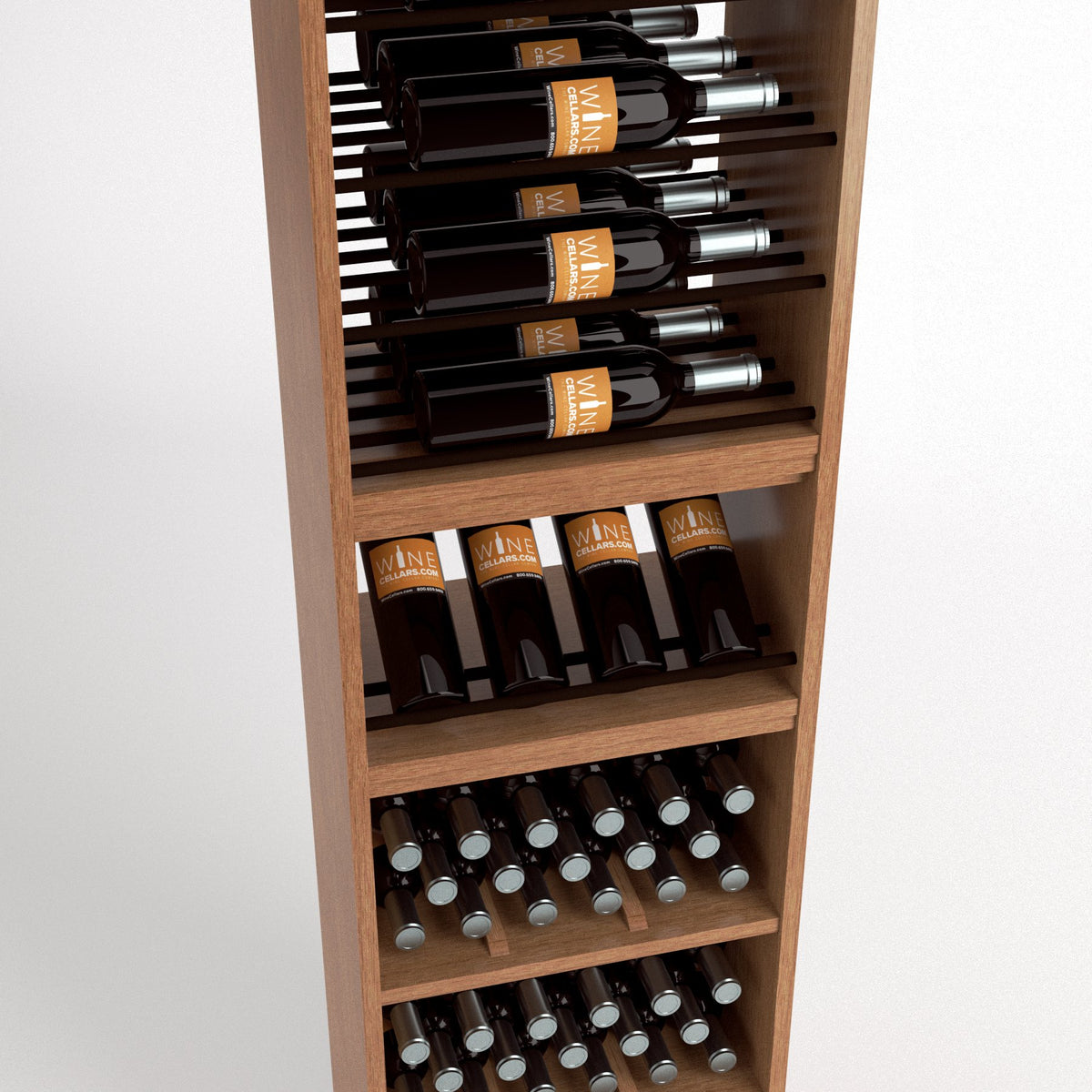 Wood wine cabinet with front bottle rails, shelf for bottles, and lower holder grid