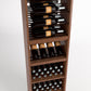 Wood wine display cabinet with bottle rails, middle bottle slots, and lower wine-bottle holders