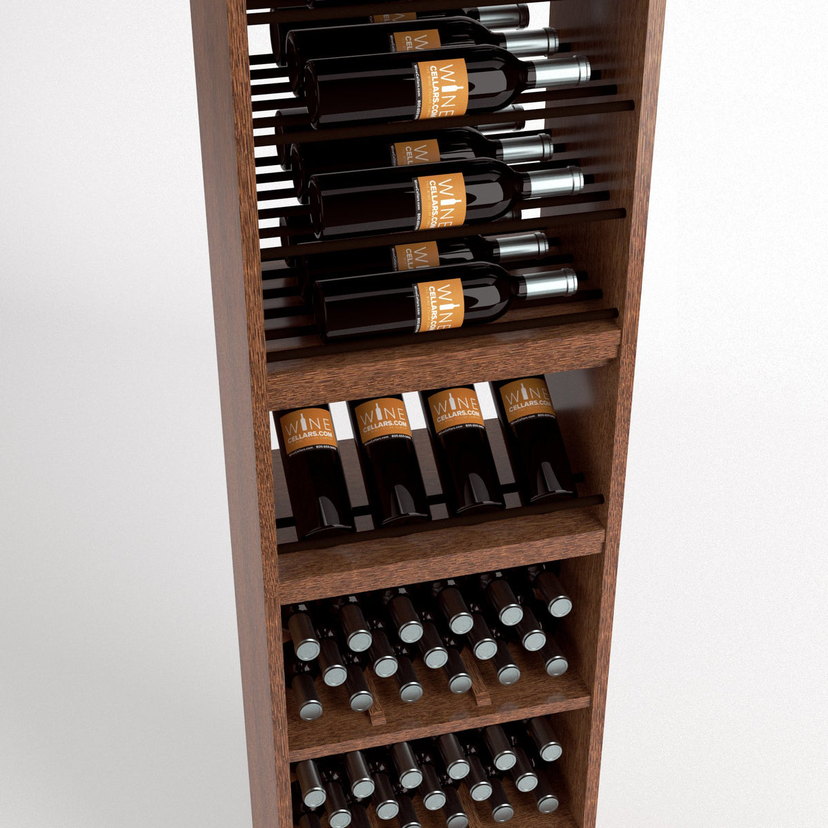 Wood wine display cabinet with bottle rails, middle bottle slots, and lower wine-bottle holders