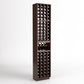 Compact tall dark wood wine rack with four-column bottle slots and a center bottle tray shelf