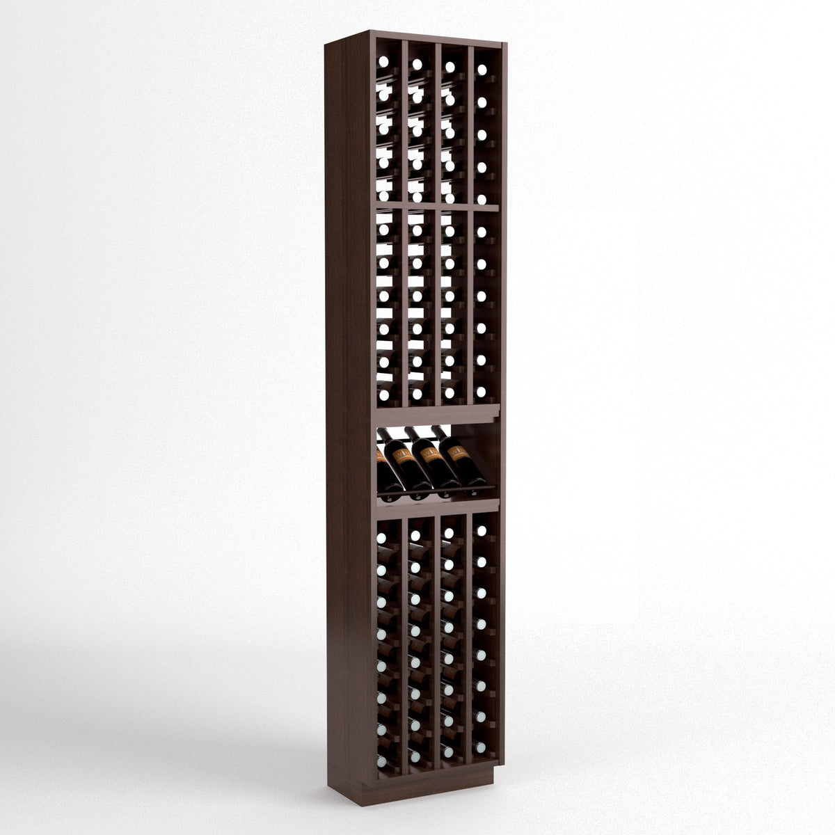 Compact tall dark wood wine rack with four-column bottle slots and a center bottle tray shelf