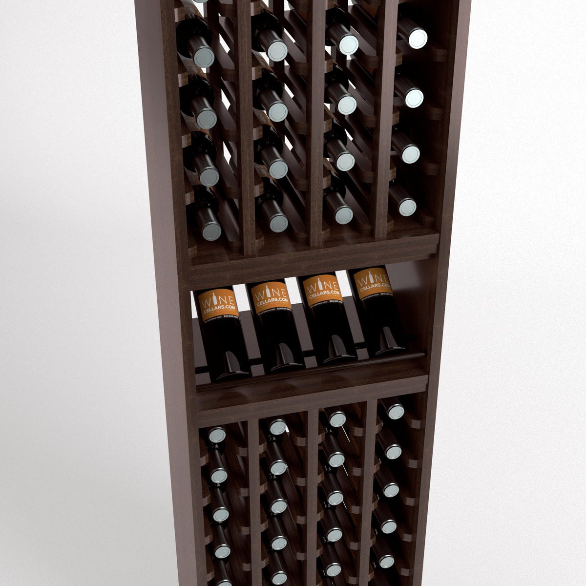 Dark wood wine bottle rack interior with rows of bottles and stemmed glass shelf