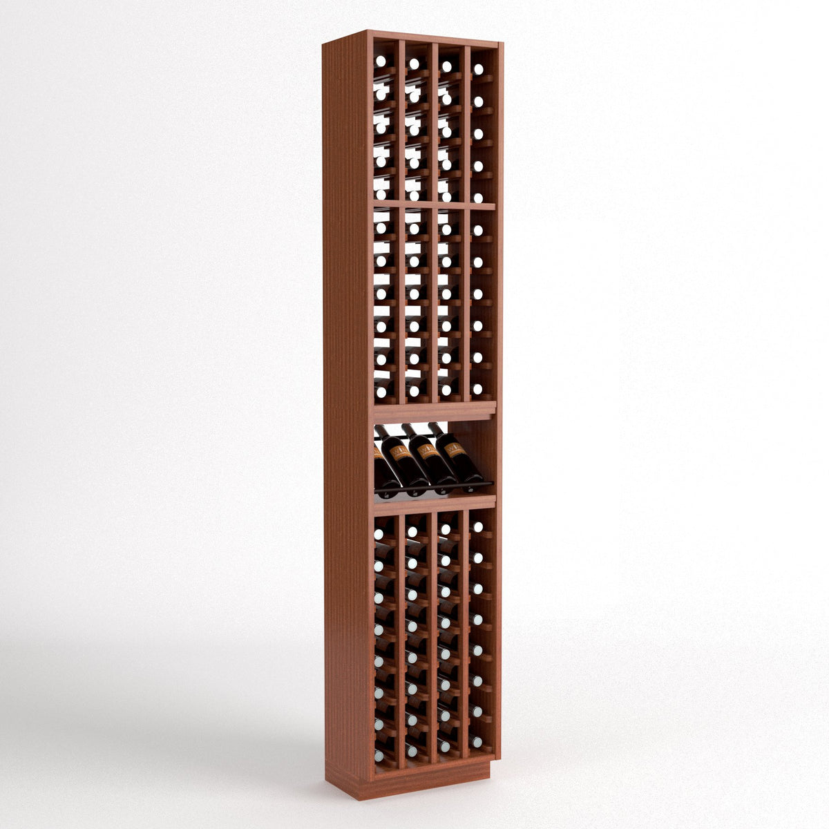 Medium wood 4-column wine bottle rack with center wine shelf and glass holders