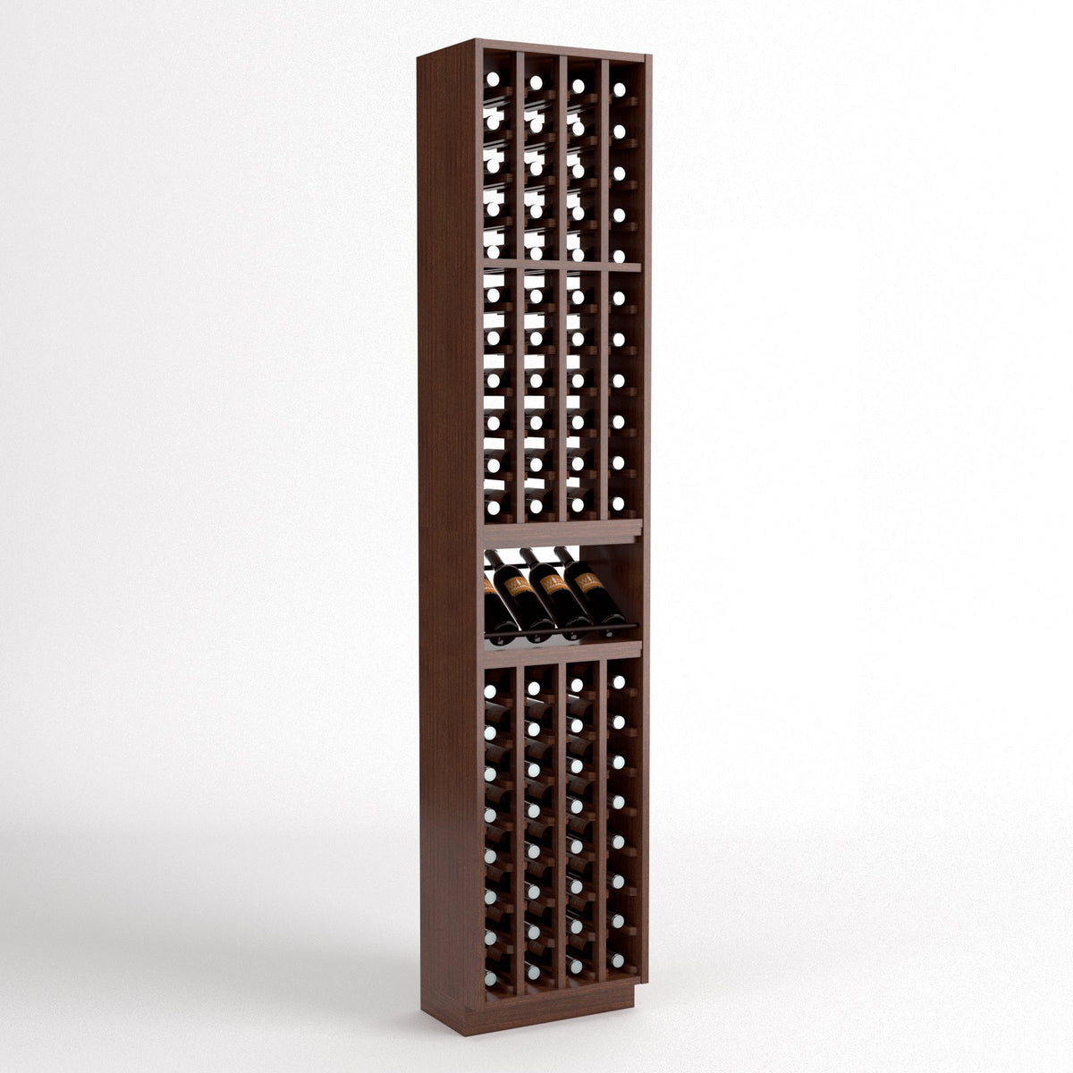 Tall wooden 4-column wine rack with two bottle grids and a top bottle display