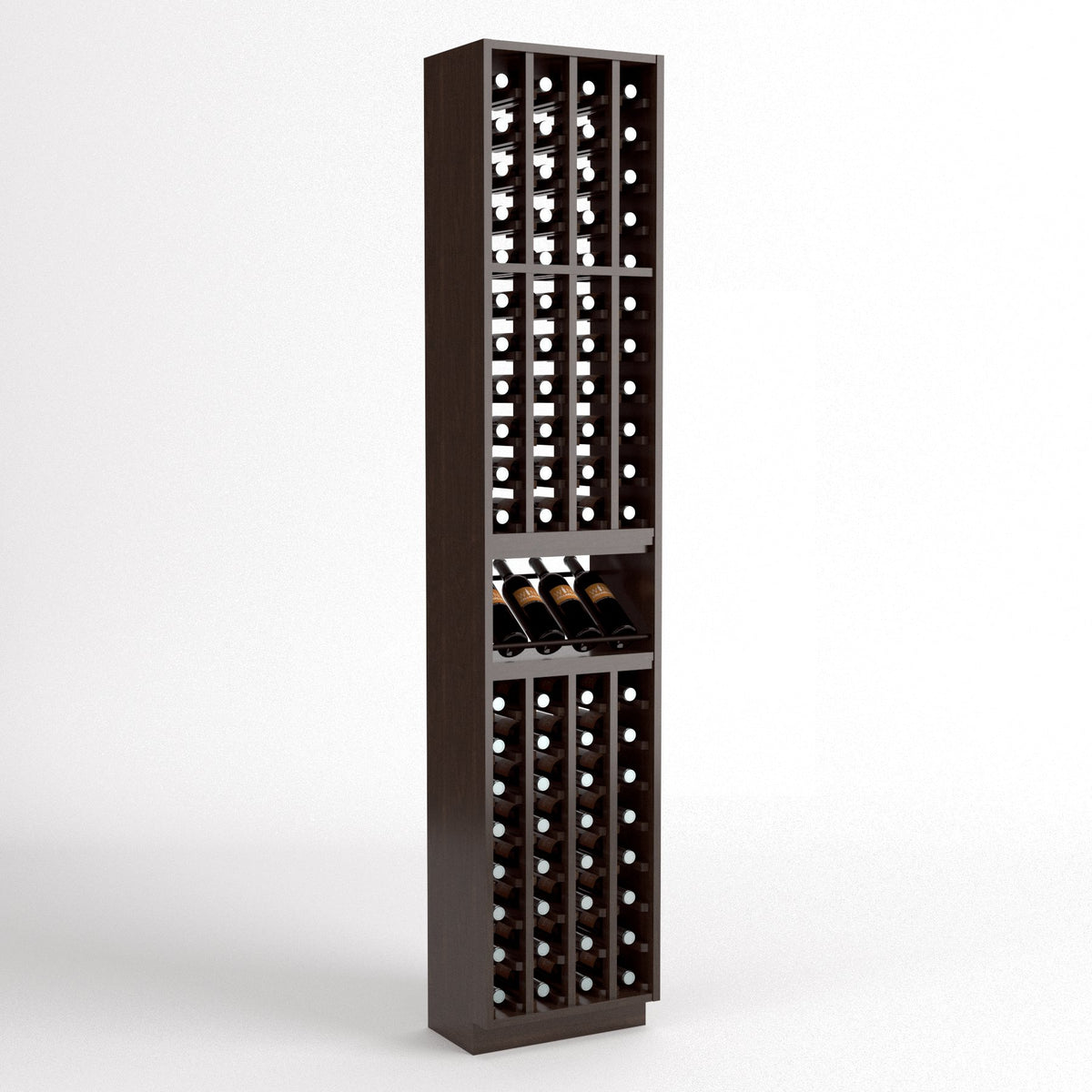 Dark wood 4-column wine bottle rack with side wine shelf and glass holders