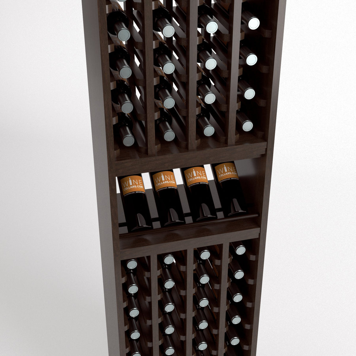 Dark wood wine bottle rack interior showing bottle rows and glass display shelf