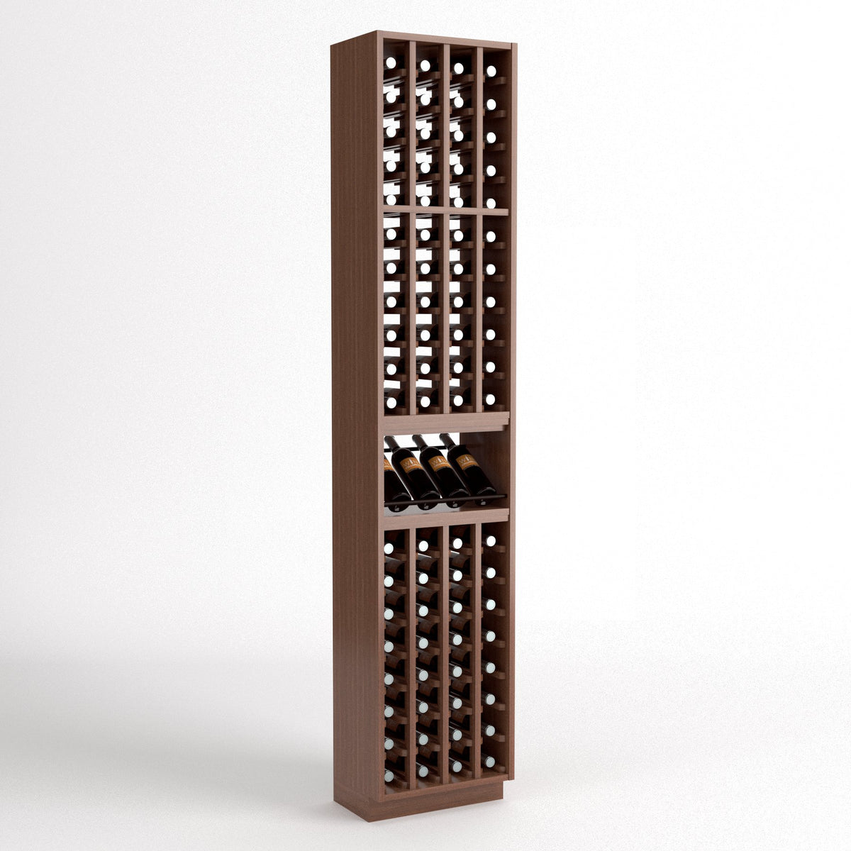 Medium-dark wood 4-column wine bottle rack with side wine shelf and glass holders