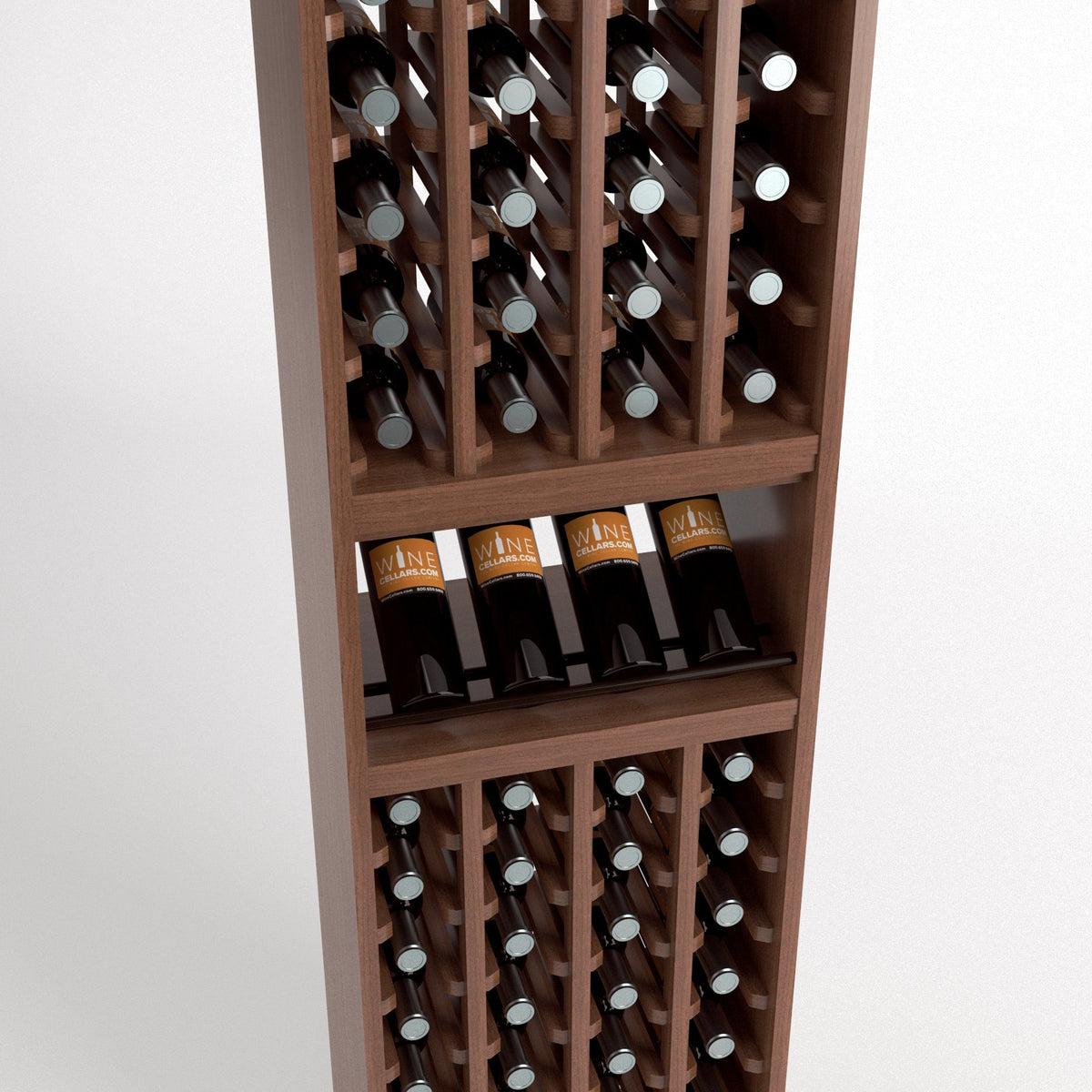 Wood wine bottle rack with four columns, front bottle storage plus lower grid for bottles