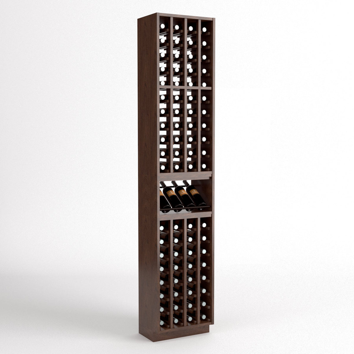 Dark wood 4-column wine bottle rack with middle wine shelf and glass holder grid