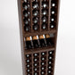 Wood wine bottle rack with four vertical columns, open front, holds bottles and display shelf