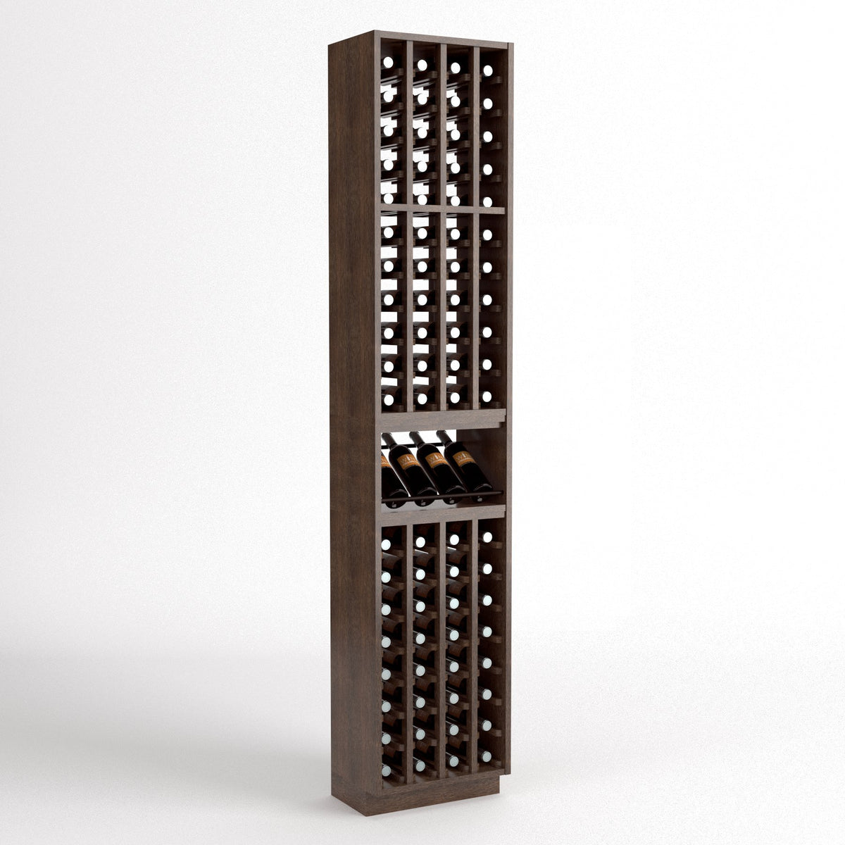 Dark wood 4-column wine bottle rack with middle wine shelf and glass holders
