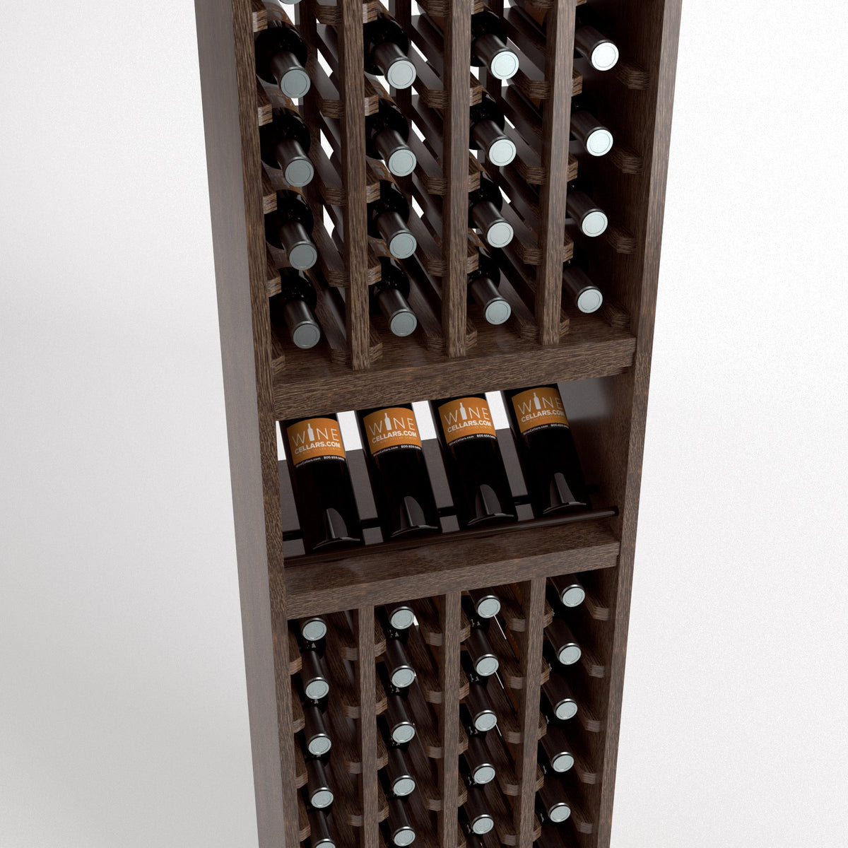 Wood wine bottle rack with four columns and two wine shelves for bottles and display